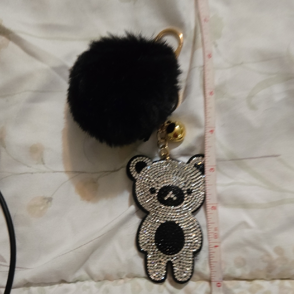 Keychain/Bag Charm In Black And Silver Featuring A Pom Pom And Teddy Bear